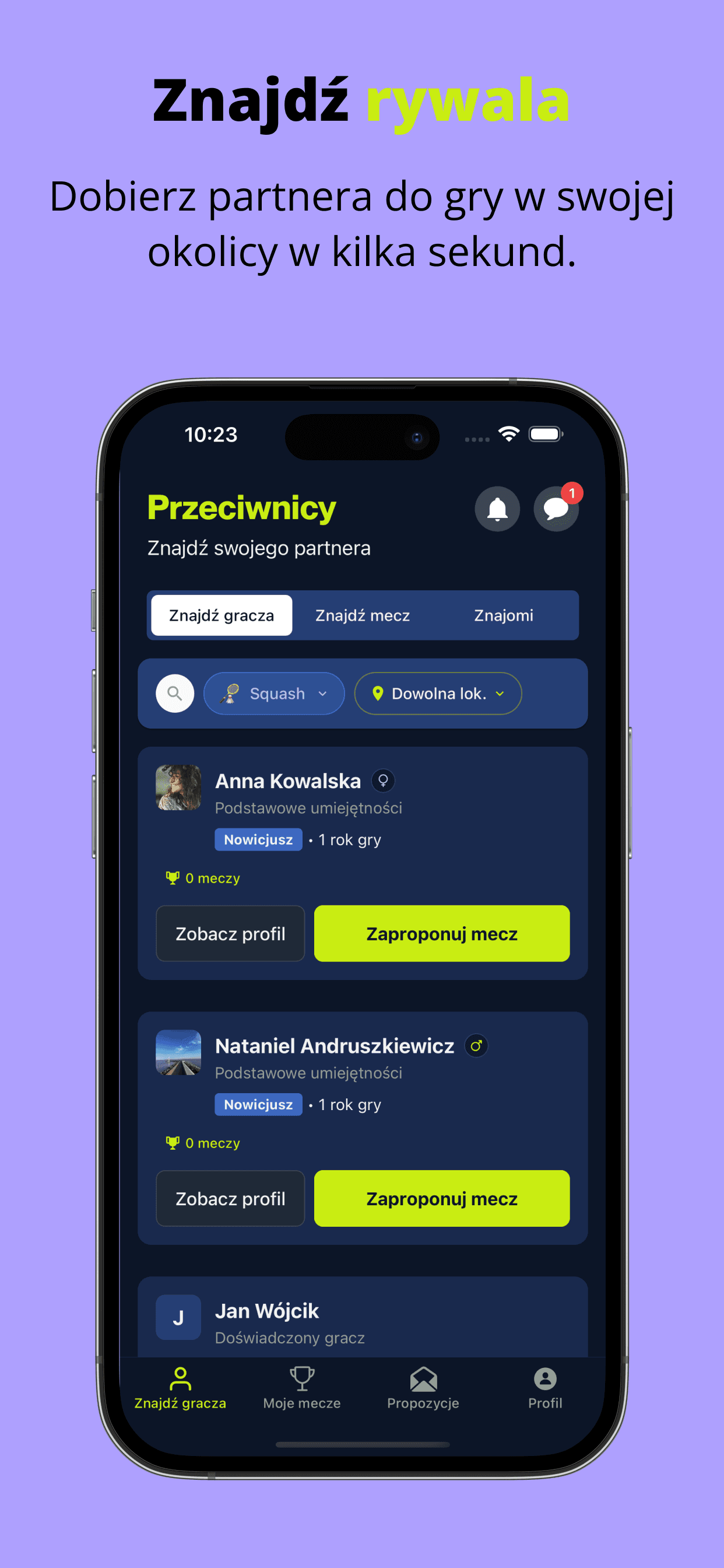 Lista przeciwników i matchmaking w Racketly